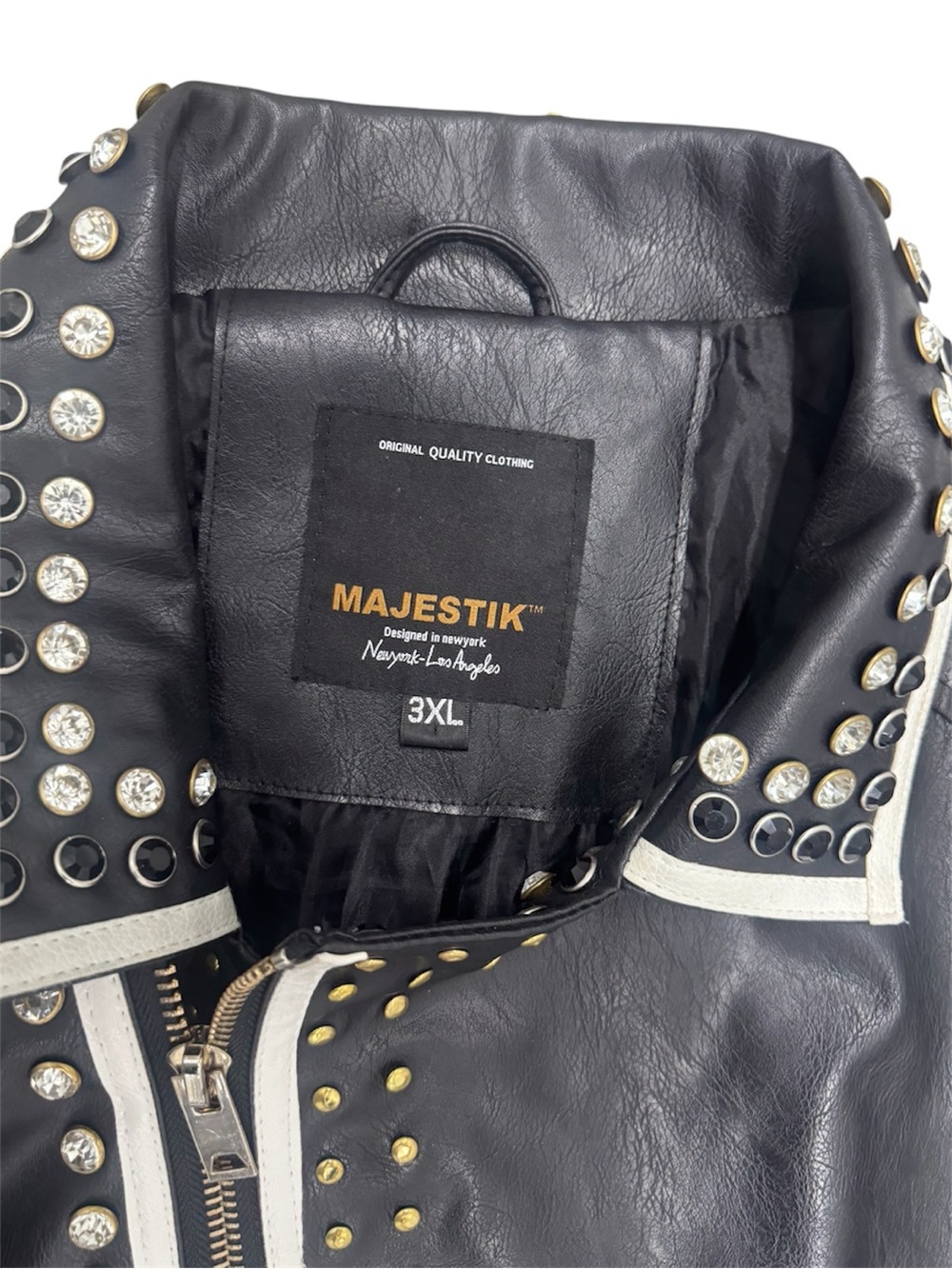 Majestic Black and white rhinestone Studded Leather Moto Jacket - Picture 4 of 6